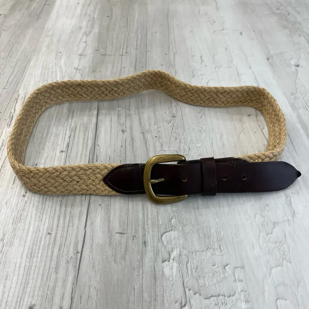 Brown Braided Rope Leather Gold Buckle Belt 37